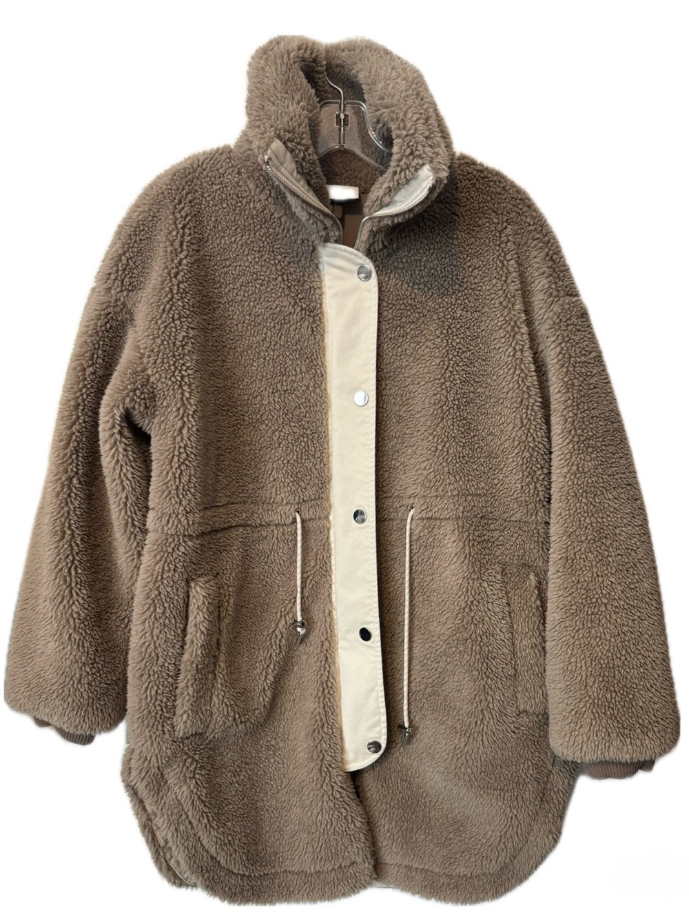Varley Jamie Sherpa Jacket Taupe Teddy Fleece Snap Front Drawstring Coat Small View 2